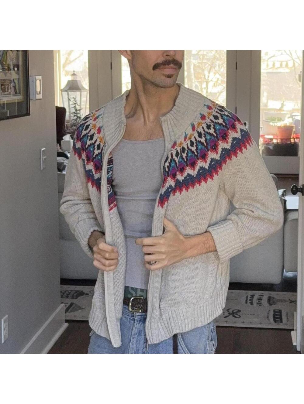 🧶 CHAPS Fair Isle Zip Cardigan Sweater – Size M